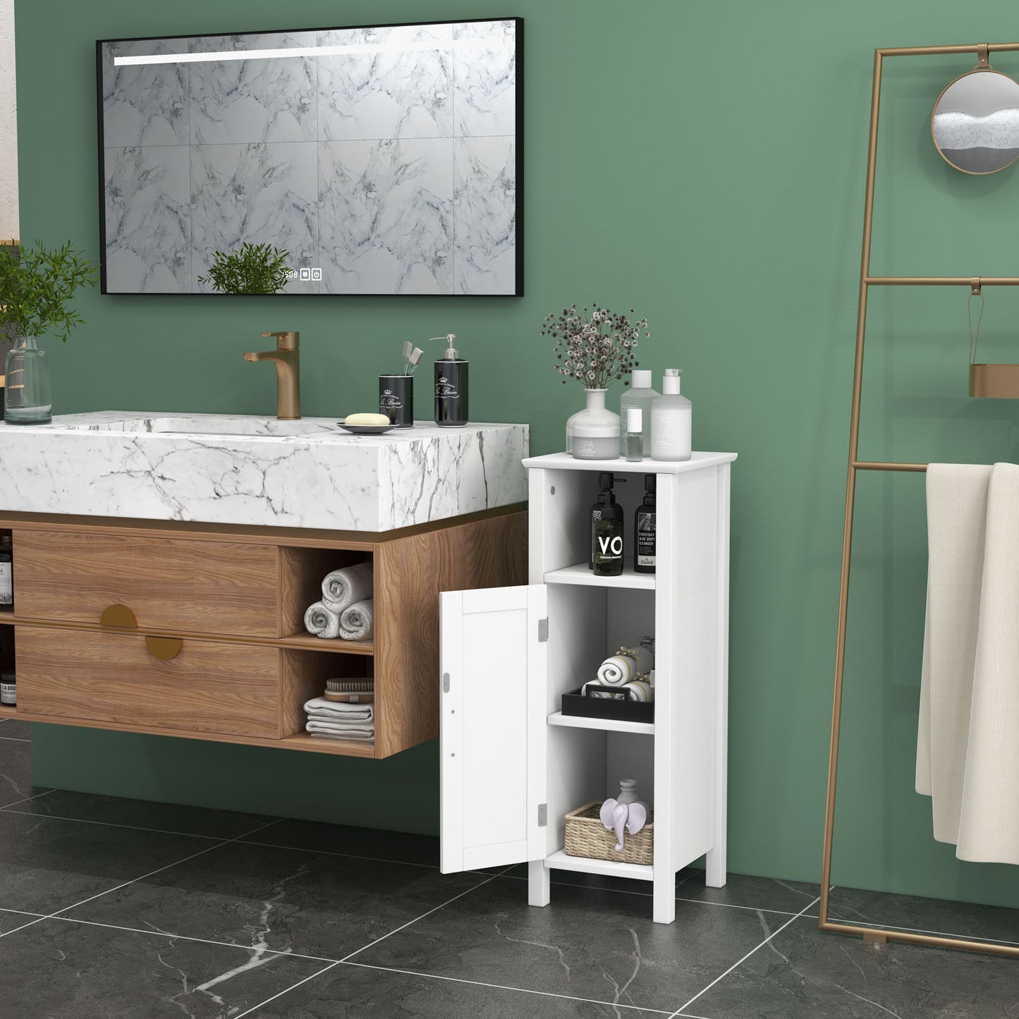 Freestanding Bathroom Cabinet, 1 Door, Open Shelf, White Floor Cabinets at Gallery Canada