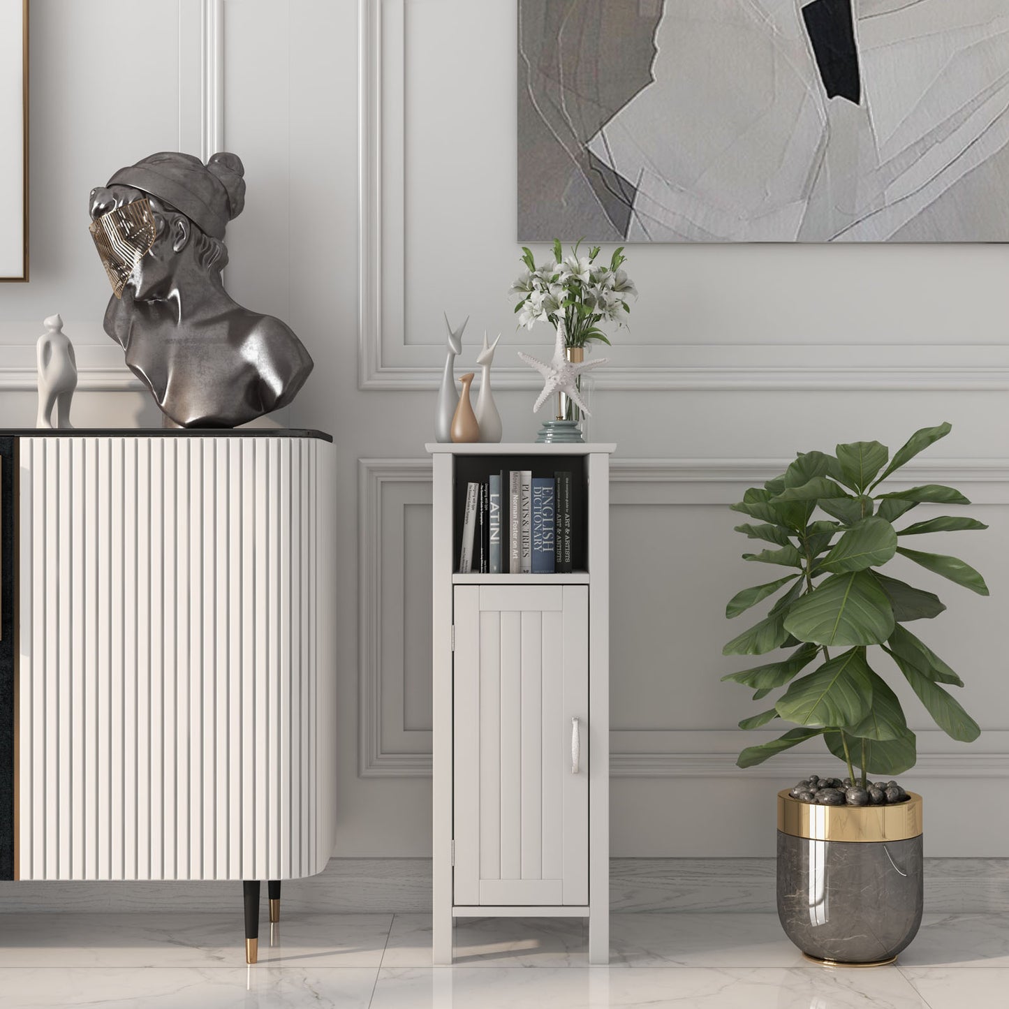 Freestanding Bathroom Cabinet, 1 Door, Open Shelf, White Floor Cabinets at Gallery Canada