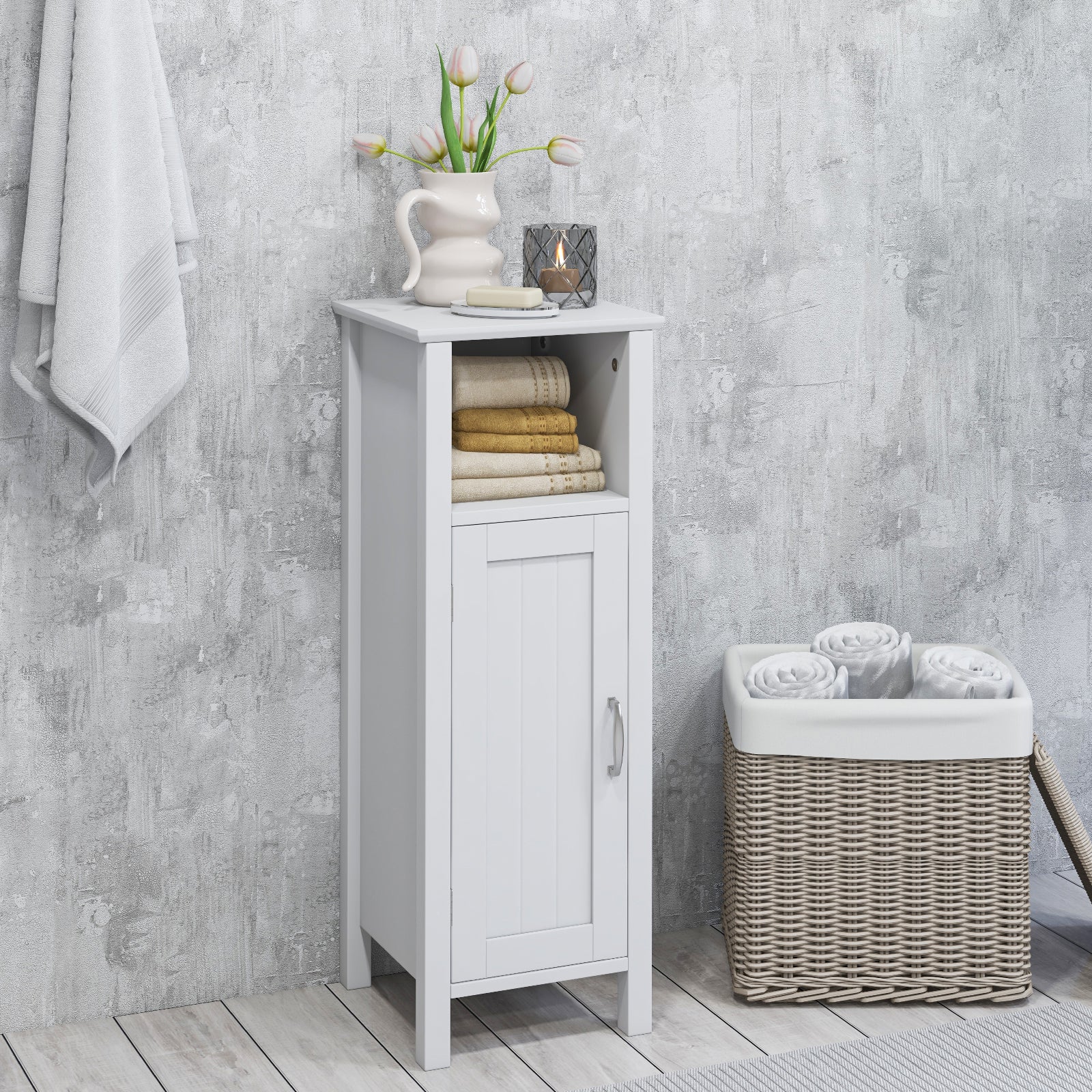 Freestanding Bathroom Cabinet, 1 Door, Open Shelf, White Floor Cabinets at Gallery Canada