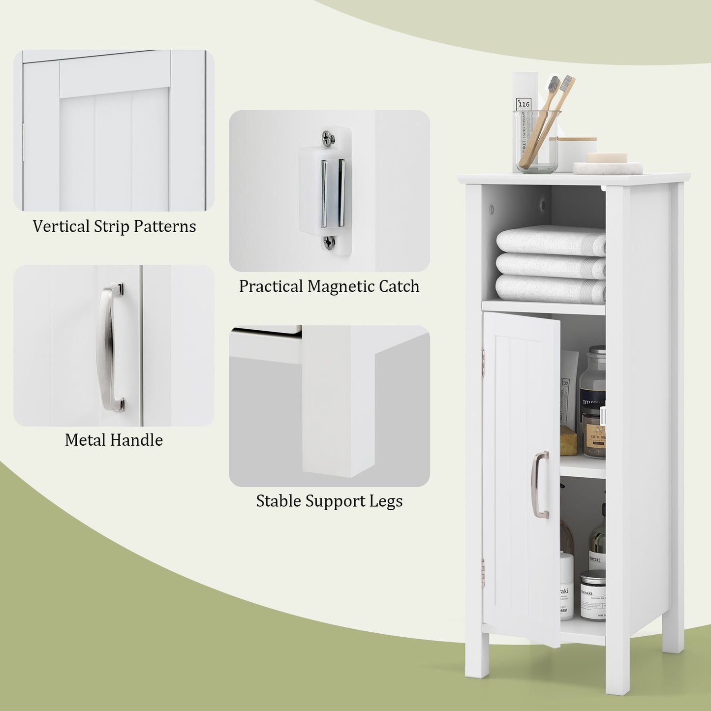 Freestanding Bathroom Cabinet, 1 Door, Open Shelf, White Floor Cabinets at Gallery Canada