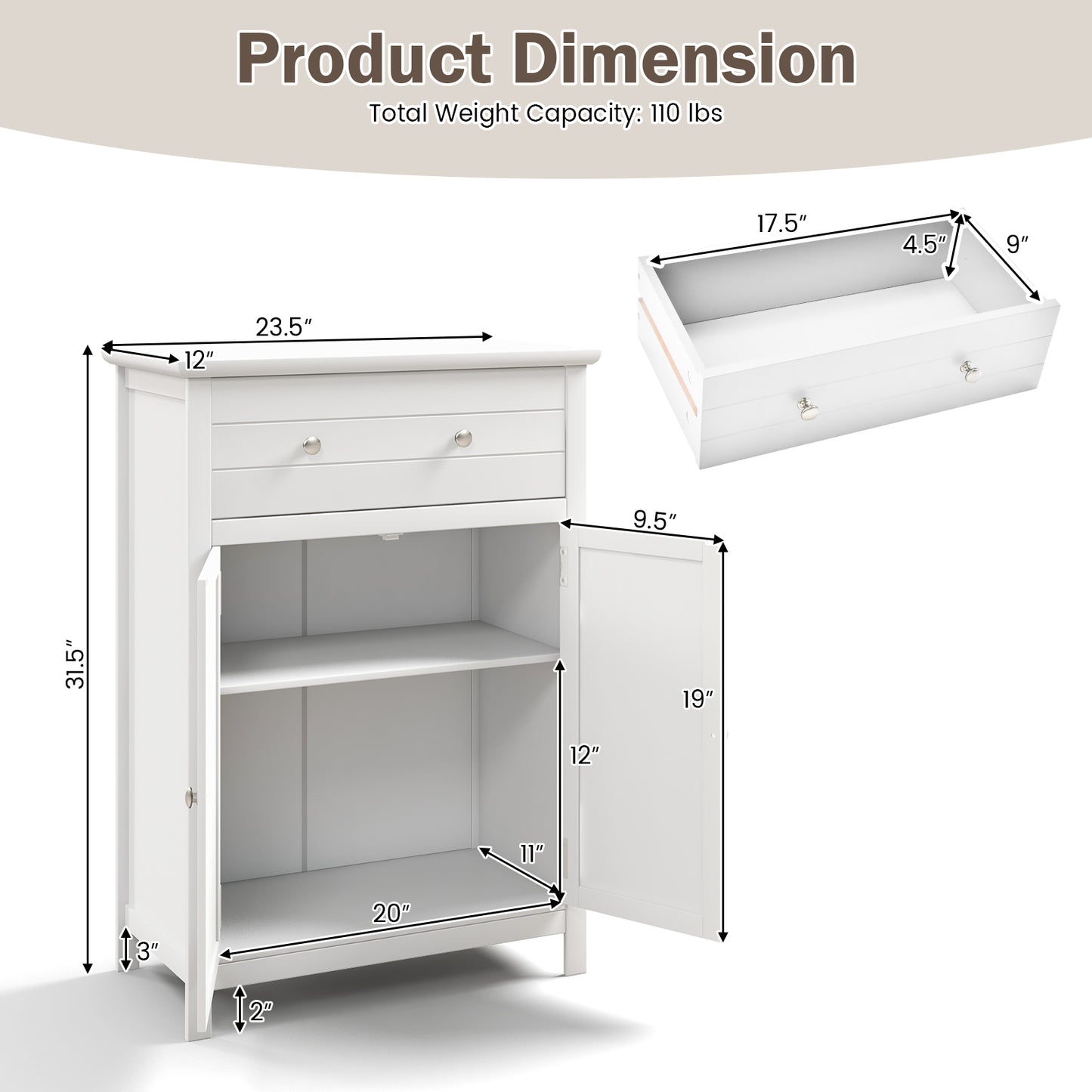 Free Standing Bathroom Storage Cabinet with Large Drawer, White Floor Cabinets at Gallery Canada