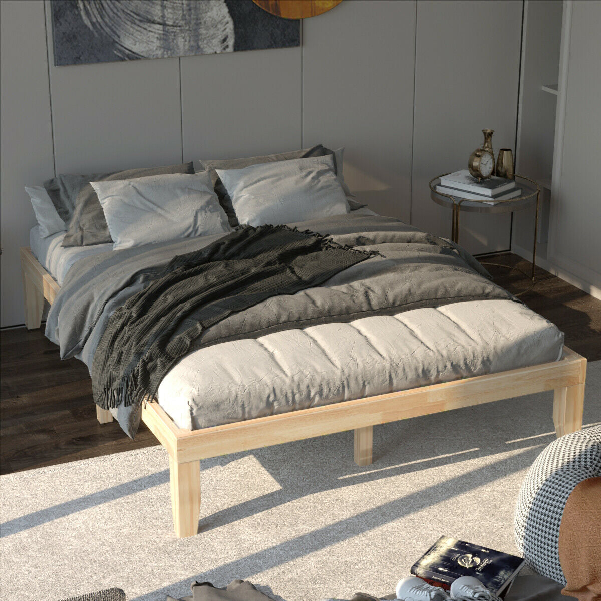 Queen Size 14 Inch Wooden Bed Mattress Frame, Natural Simple Bed Frame at Gallery Canada