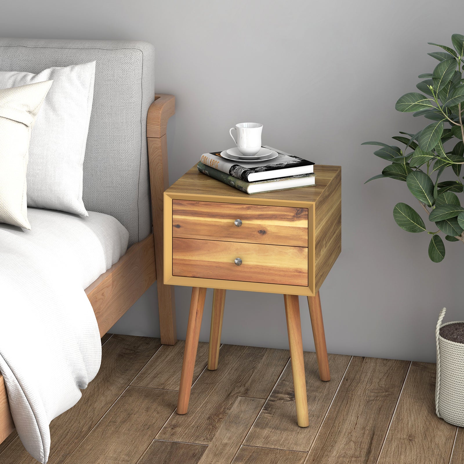 Wooden Nightstand Mid-Century End Side Table with 2 Storage Drawers, Natural Nightstands at Gallery Canada