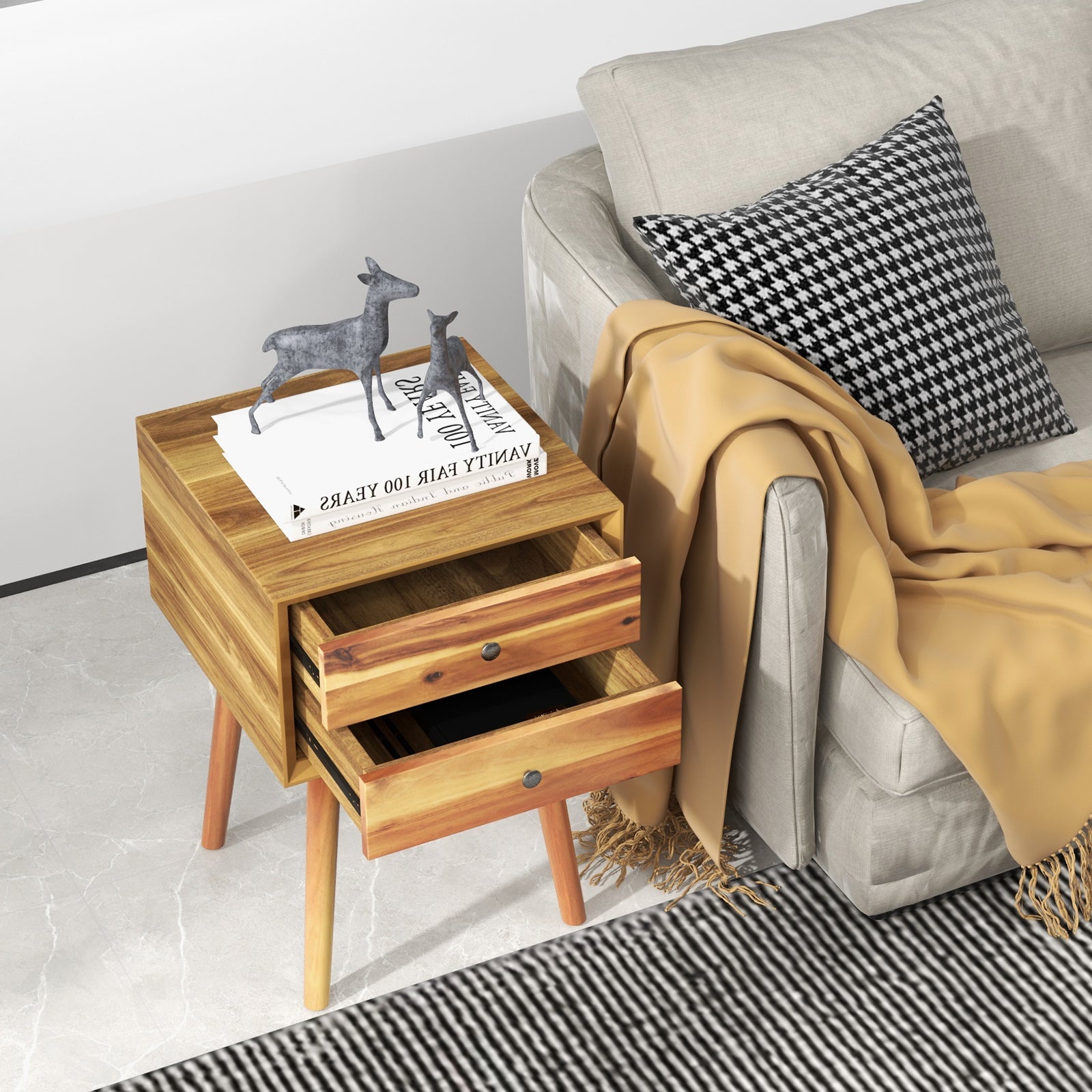 Wooden Nightstand Mid-Century End Side Table with 2 Storage Drawers, Natural Nightstands at Gallery Canada
