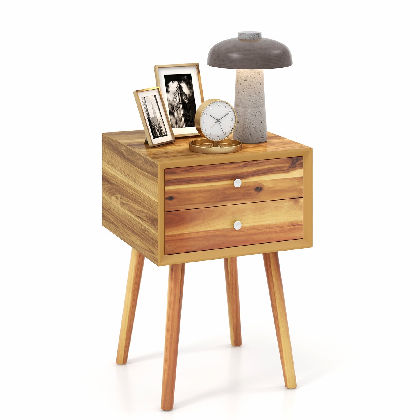 Wooden Nightstand Mid-Century End Side Table with 2 Storage Drawers, Natural Nightstands at Gallery Canada