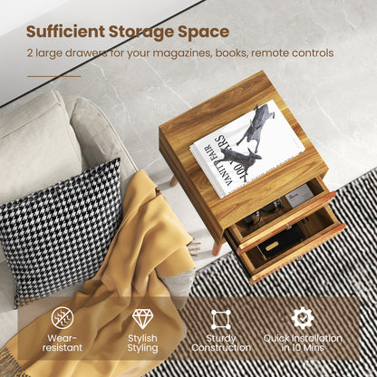 Wooden Nightstand Mid-Century End Side Table with 2 Storage Drawers, Natural Nightstands at Gallery Canada