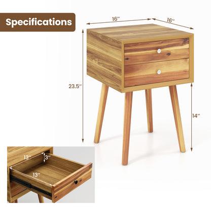 Wooden Nightstand Mid-Century End Side Table with 2 Storage Drawers, Natural Nightstands at Gallery Canada