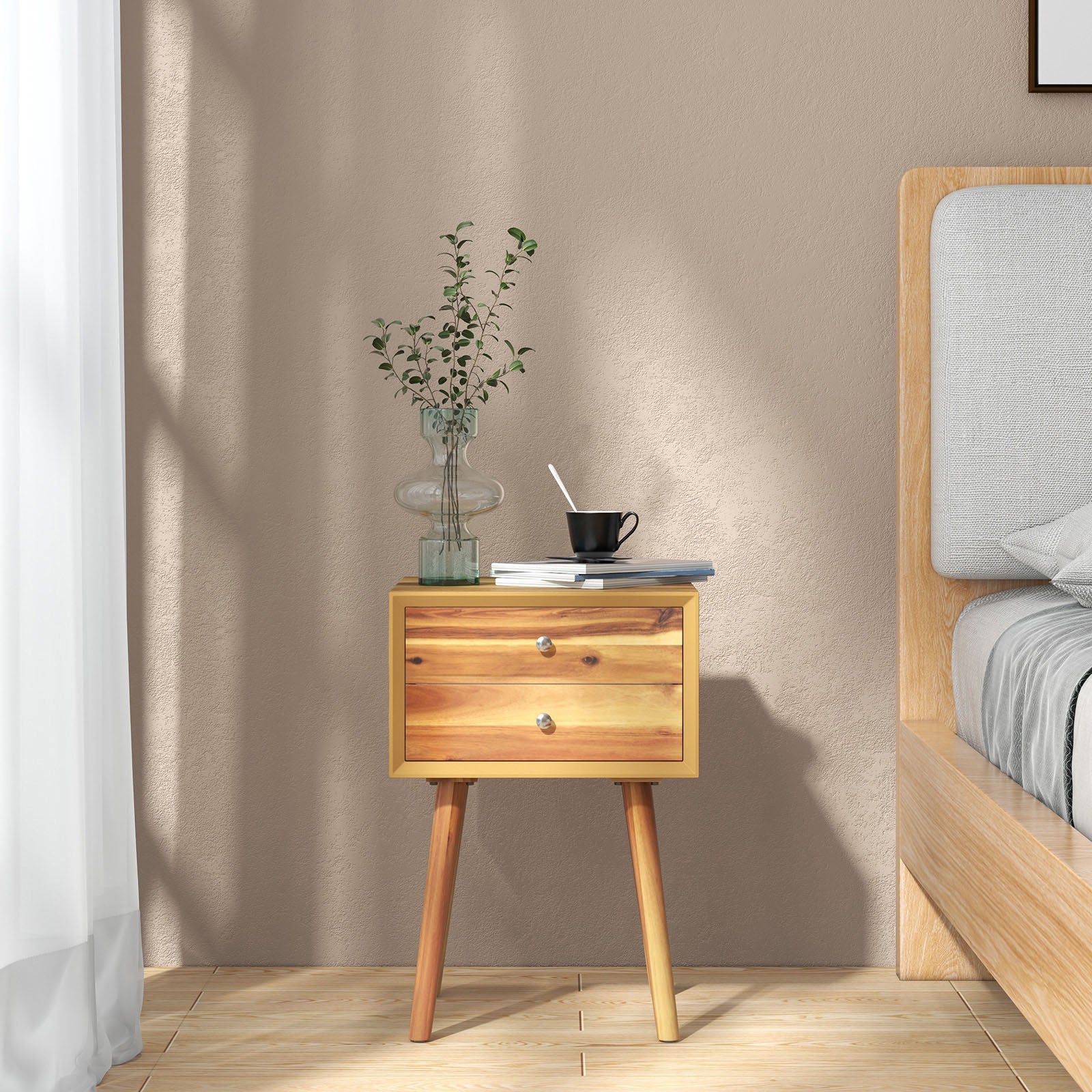 Wooden Nightstand Mid-Century End Side Table with 2 Storage Drawers, Natural Nightstands at Gallery Canada