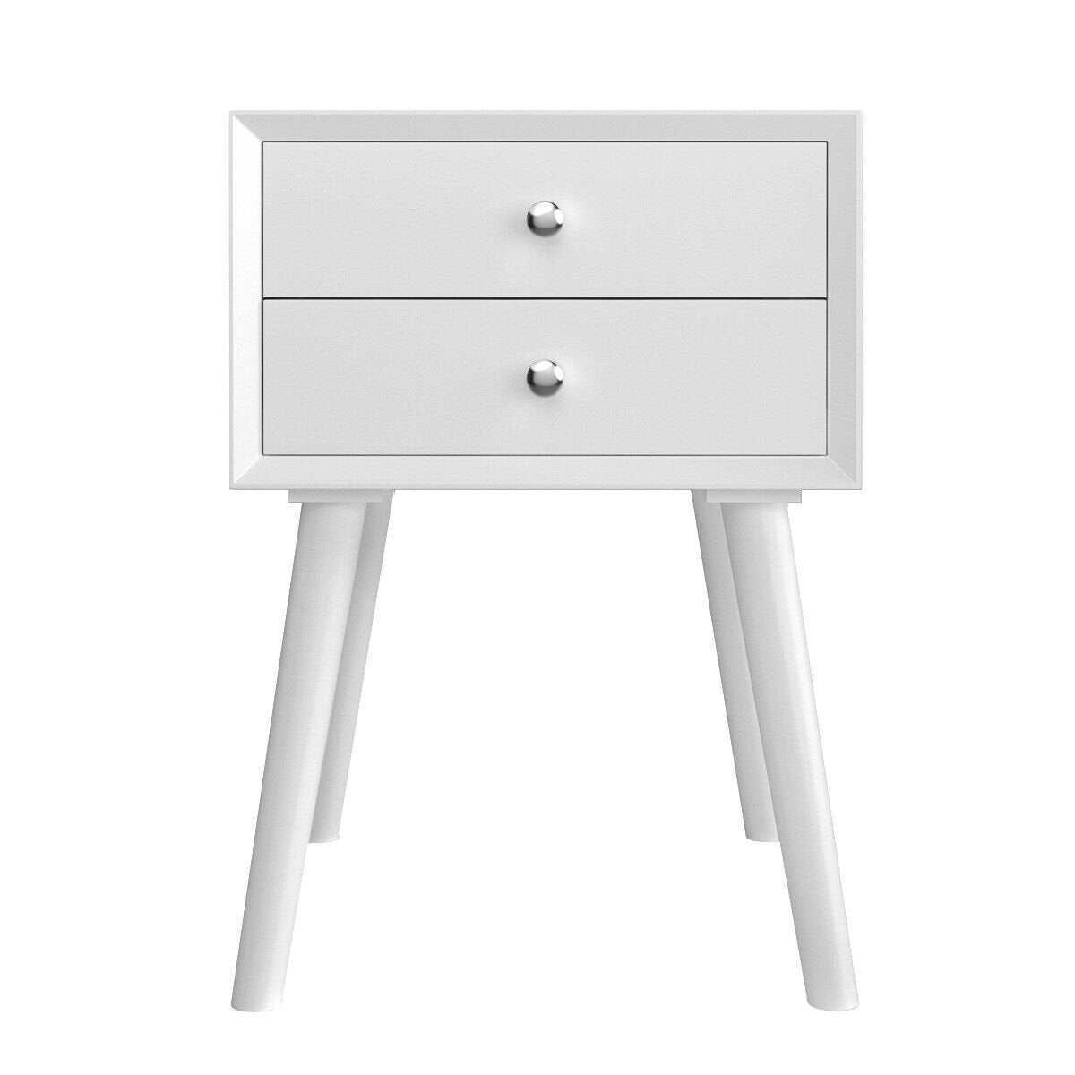 Wooden Nightstand Mid-Century End Side Table with 2 Storage Drawers, White Nightstands at Gallery Canada