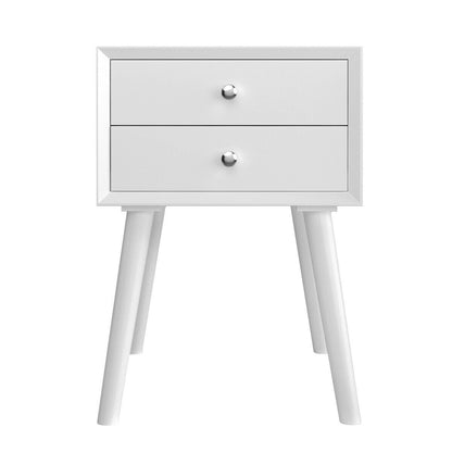 Wooden Nightstand Mid-Century End Side Table with 2 Storage Drawers, White Nightstands at Gallery Canada