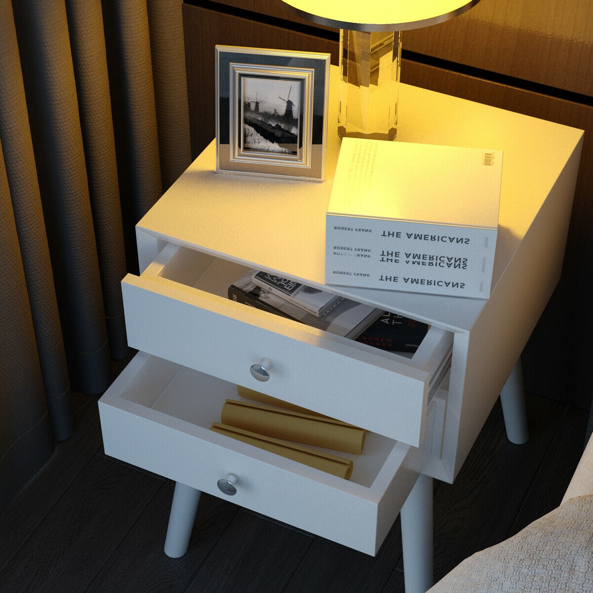 Wooden Nightstand Mid-Century End Side Table with 2 Storage Drawers, White Nightstands at Gallery Canada
