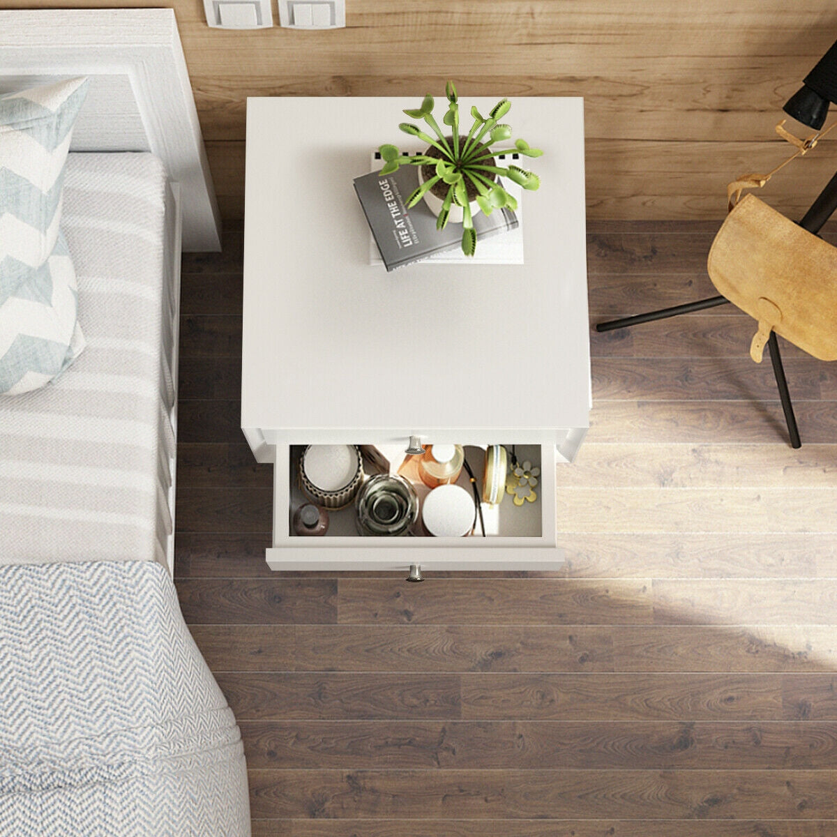 Wooden Nightstand Mid-Century End Side Table with 2 Storage Drawers, White Nightstands at Gallery Canada