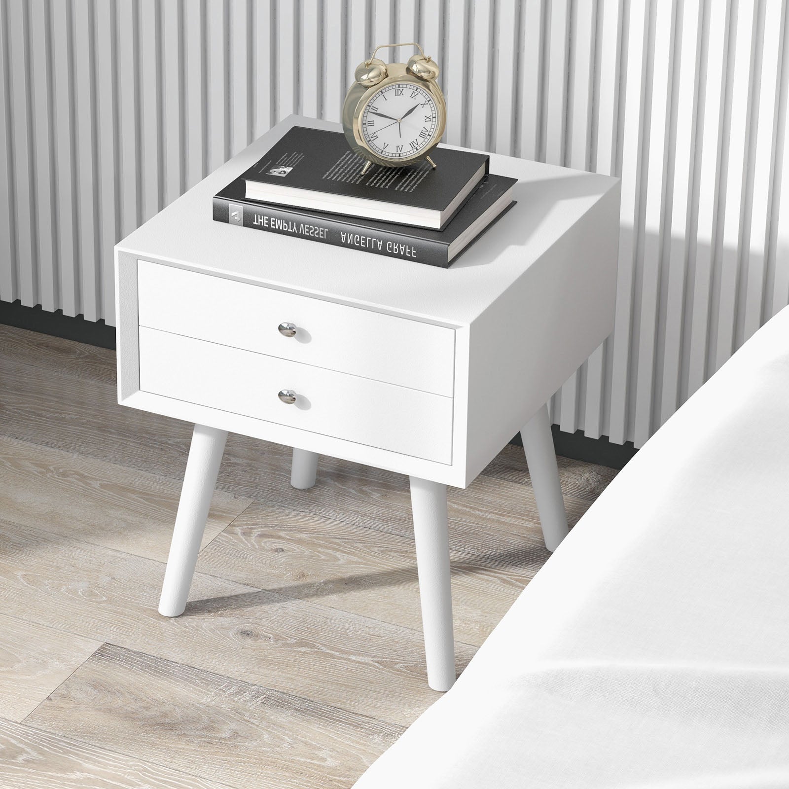Wooden Nightstand Mid-Century End Side Table with 2 Storage Drawers, White Nightstands at Gallery Canada