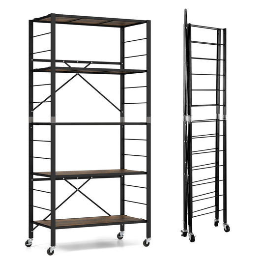 5-Tier Foldable Shelving Unit with Detachable Wheels and Anti-Toppling System, Black - Gallery Canada
