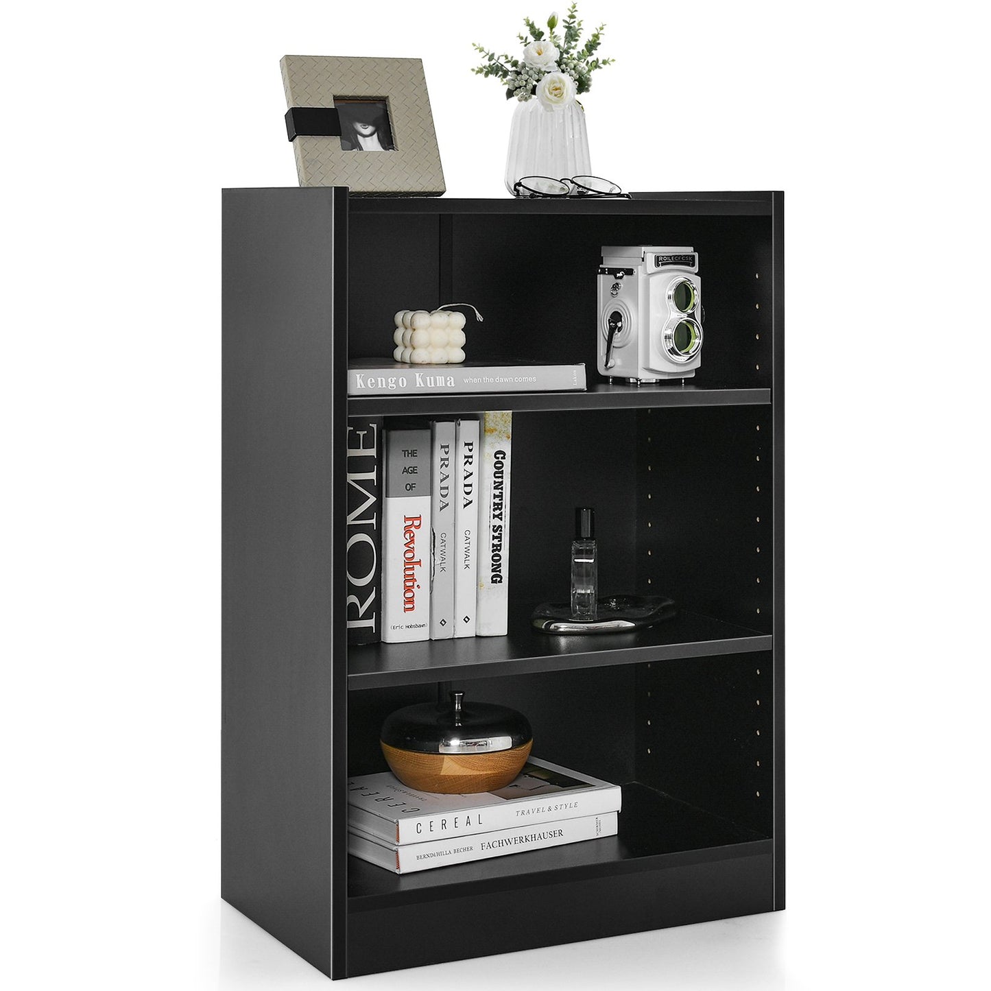 3-Tier Bookcase Open Display Rack Cabinet with Adjustable Shelves, Black Bookcases at Gallery Canada