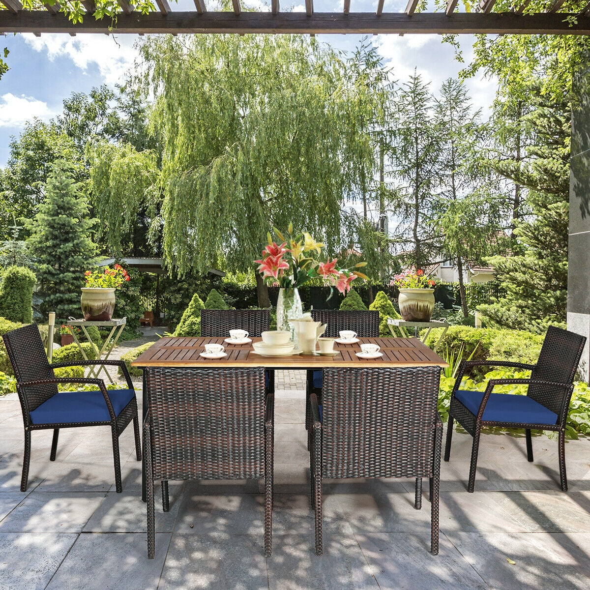 7Pcs Patio Rattan Cushioned Dining Set, Navy Patio Dining Sets at Gallery Canada