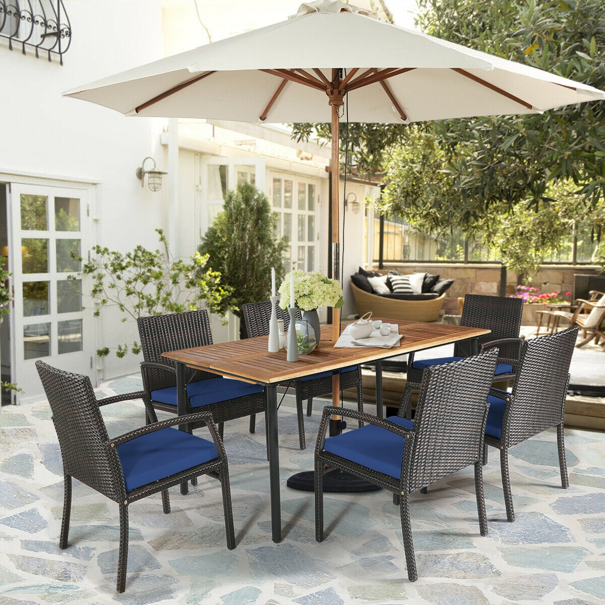 7Pcs Patio Rattan Cushioned Dining Set, Navy Patio Dining Sets at Gallery Canada