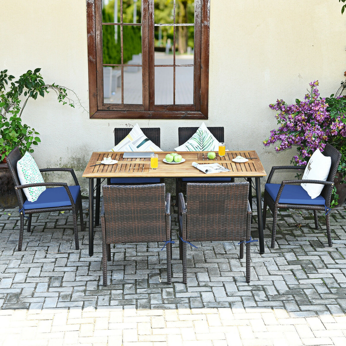 7Pcs Patio Rattan Cushioned Dining Set, Navy Patio Dining Sets at Gallery Canada