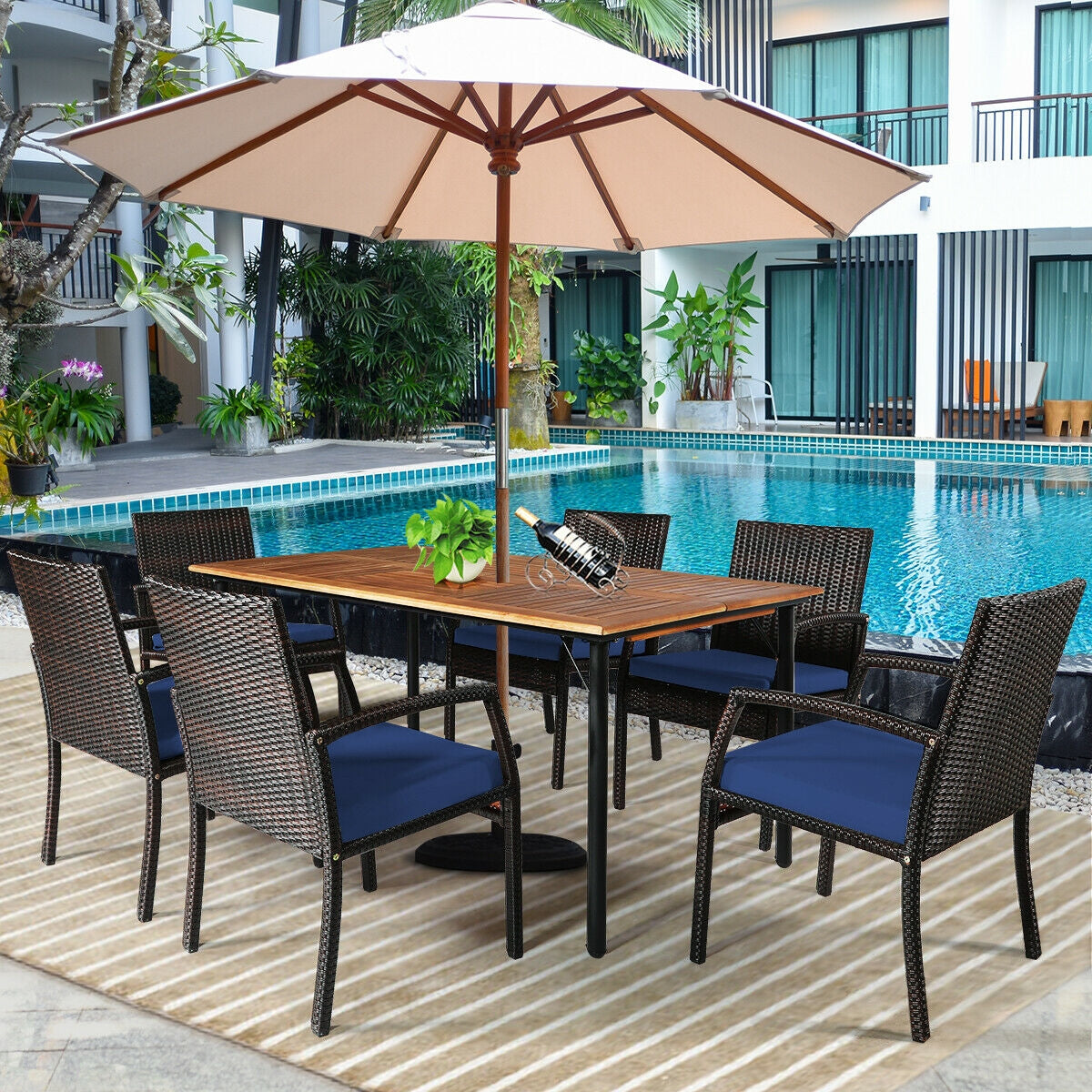 7Pcs Patio Rattan Cushioned Dining Set, Navy Patio Dining Sets at Gallery Canada