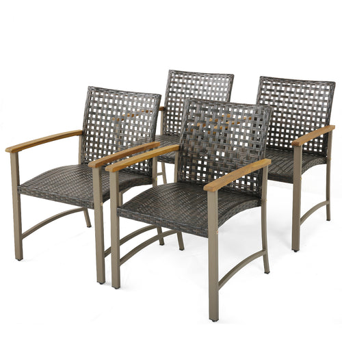 Set of 4 Patio Rattan Dining Chairs with Acacia Wood Armrests-Set of 4, Gray