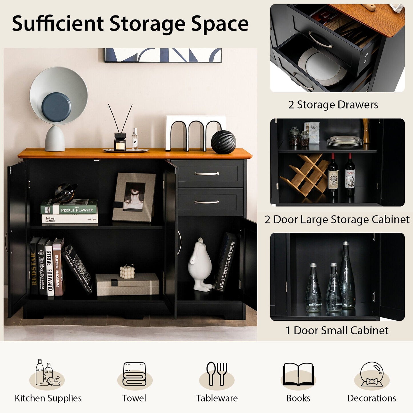 Buffet Storage Cabinet with 2-Door Cabinet and 2 Drawers, Black - Gallery Canada