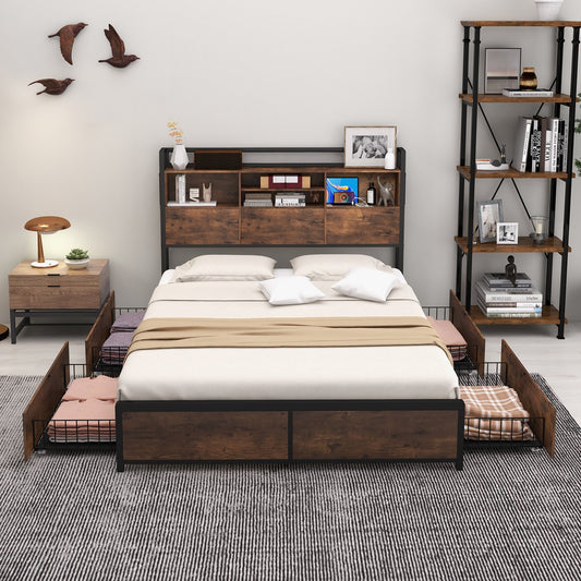 Full/Queen Size Bed Frame with Bookcase Headboard and 4 Storage Drawers-Full Size, Rustic Brown - Gallery Canada