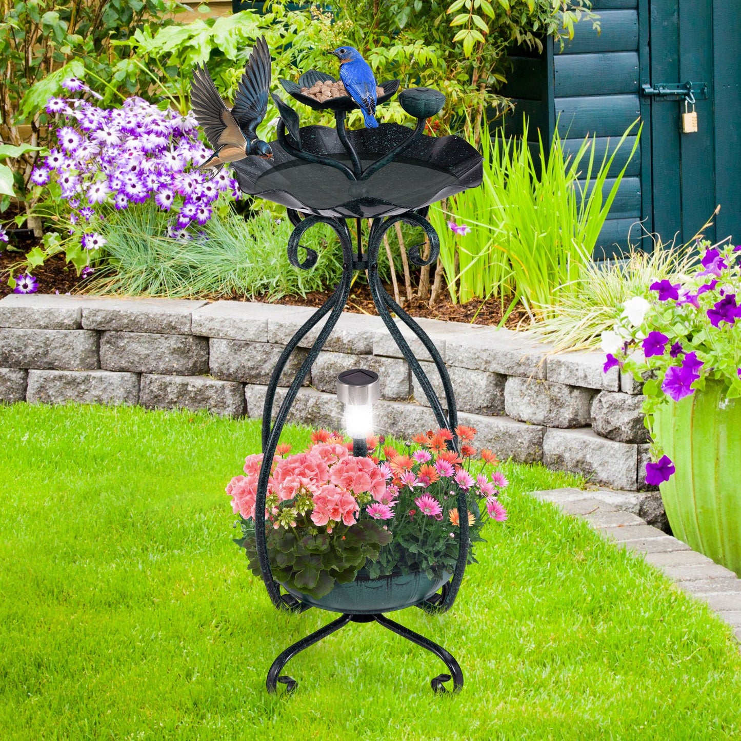 Solar Outdoor Bird Bath Feeder Combo with Flower Planter Pedestal and Solar Lights, Bronze