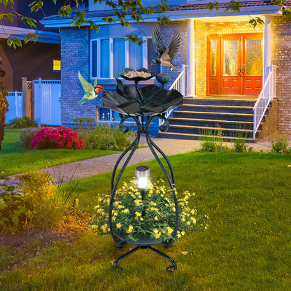 Solar Outdoor Bird Bath Feeder Combo with Flower Planter Pedestal and Solar Lights, Bronze