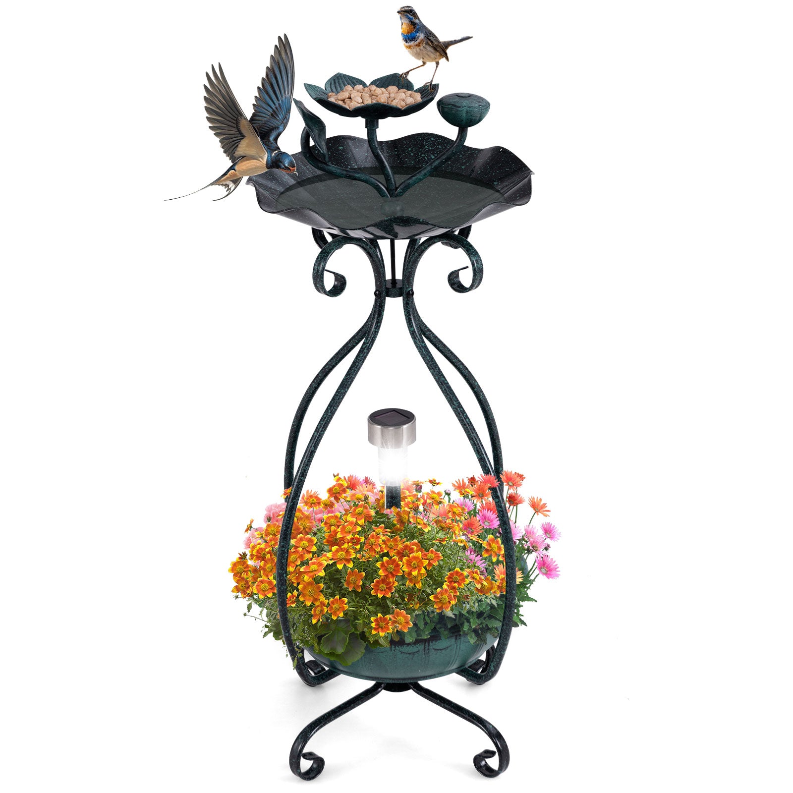 Solar Outdoor Bird Bath Feeder Combo with Flower Planter Pedestal and Solar Lights, Bronze Pets at Gallery Canada