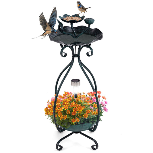 Solar Outdoor Bird Bath Feeder Combo with Flower Planter Pedestal and Solar Lights, Bronze Pets Bronze at Gallery Canada