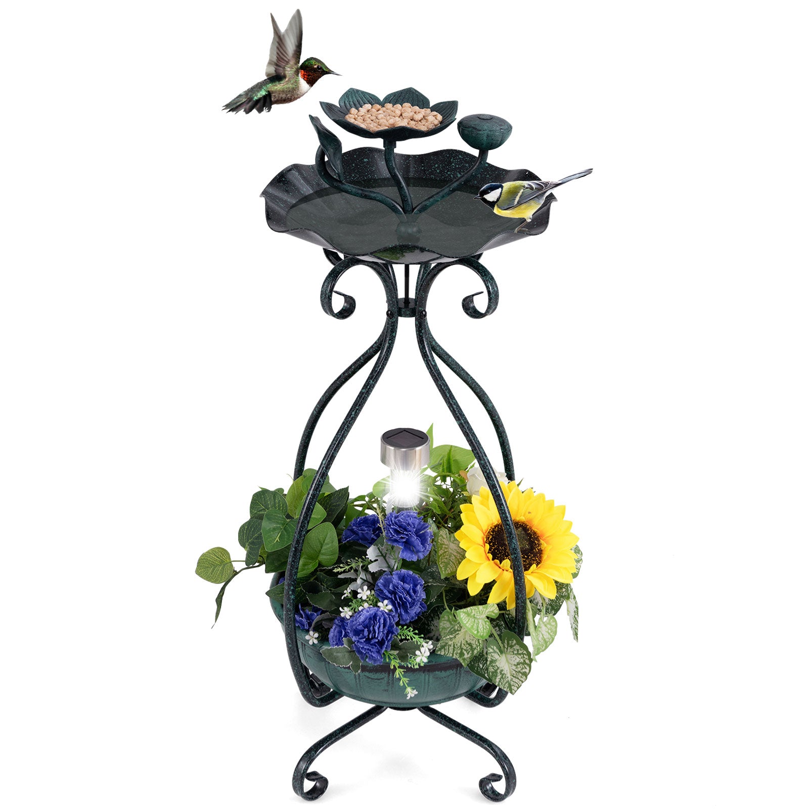Solar Outdoor Bird Bath Feeder Combo with Flower Planter Pedestal and Solar Lights, Bronze Pets at Gallery Canada