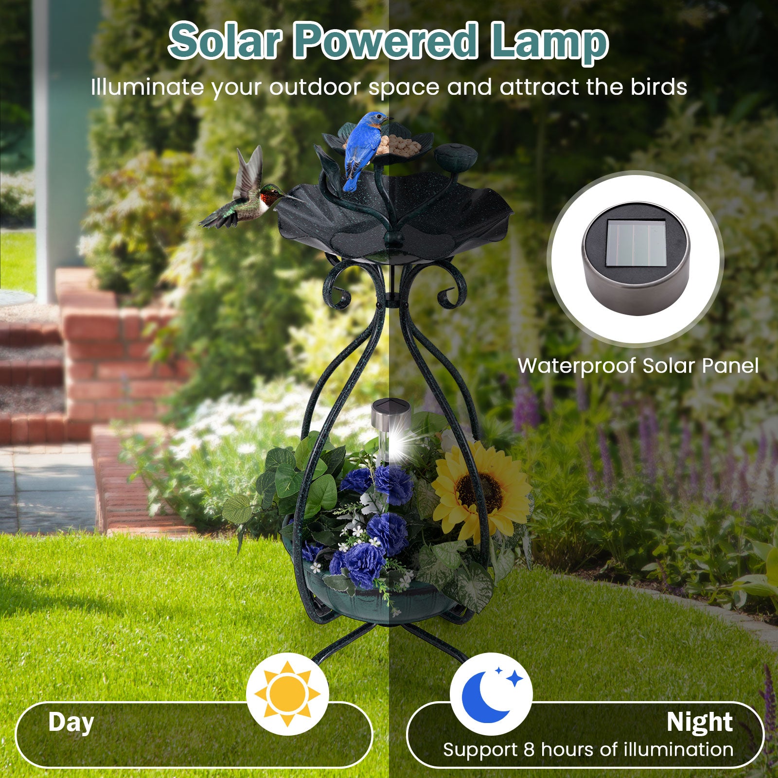Solar Outdoor Bird Bath Feeder Combo with Flower Planter Pedestal and Solar Lights, Bronze Pets at Gallery Canada