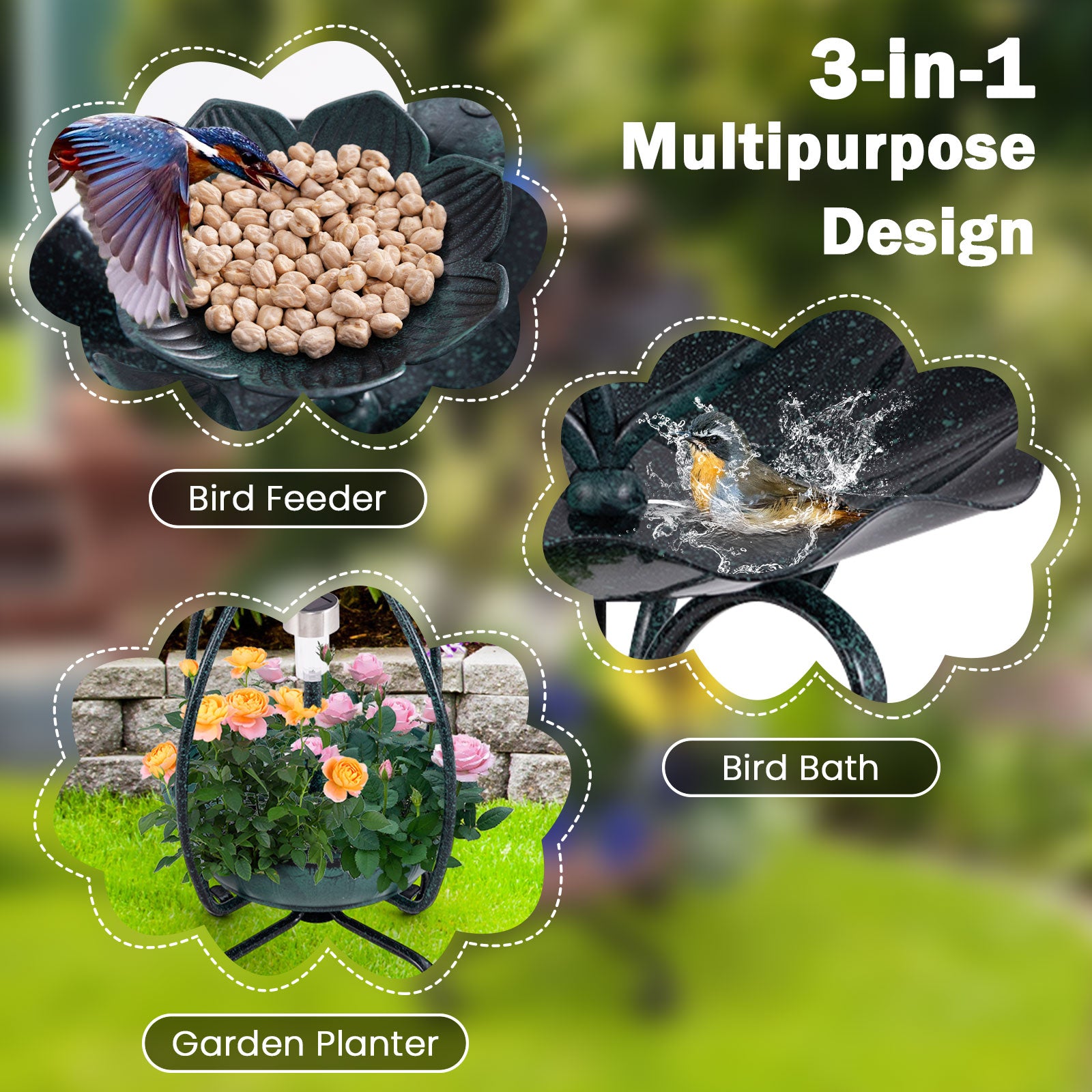 Solar Outdoor Bird Bath Feeder Combo with Flower Planter Pedestal and Solar Lights, Bronze Pets at Gallery Canada