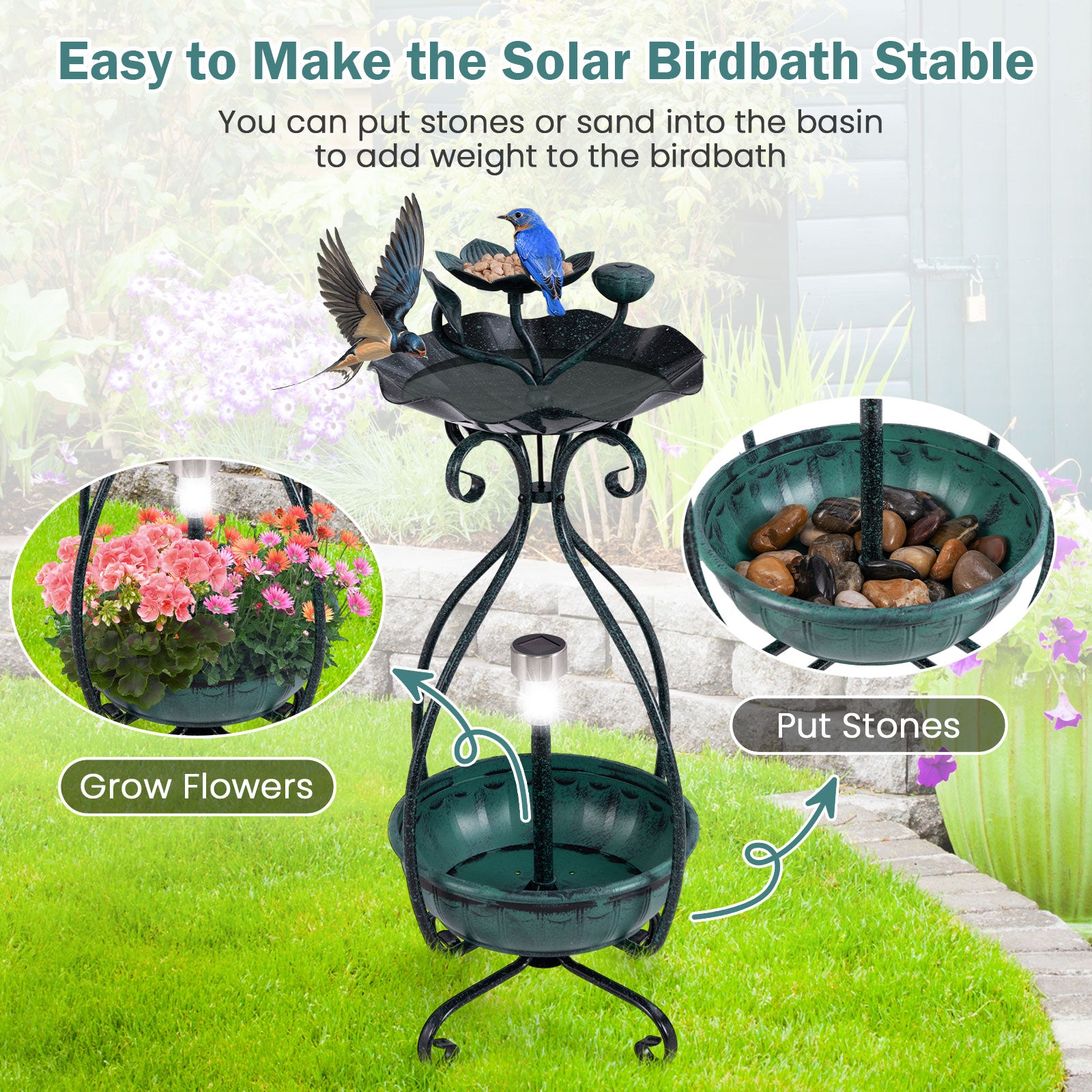 Solar Outdoor Bird Bath Feeder Combo with Flower Planter Pedestal and Solar Lights, Bronze Pets at Gallery Canada