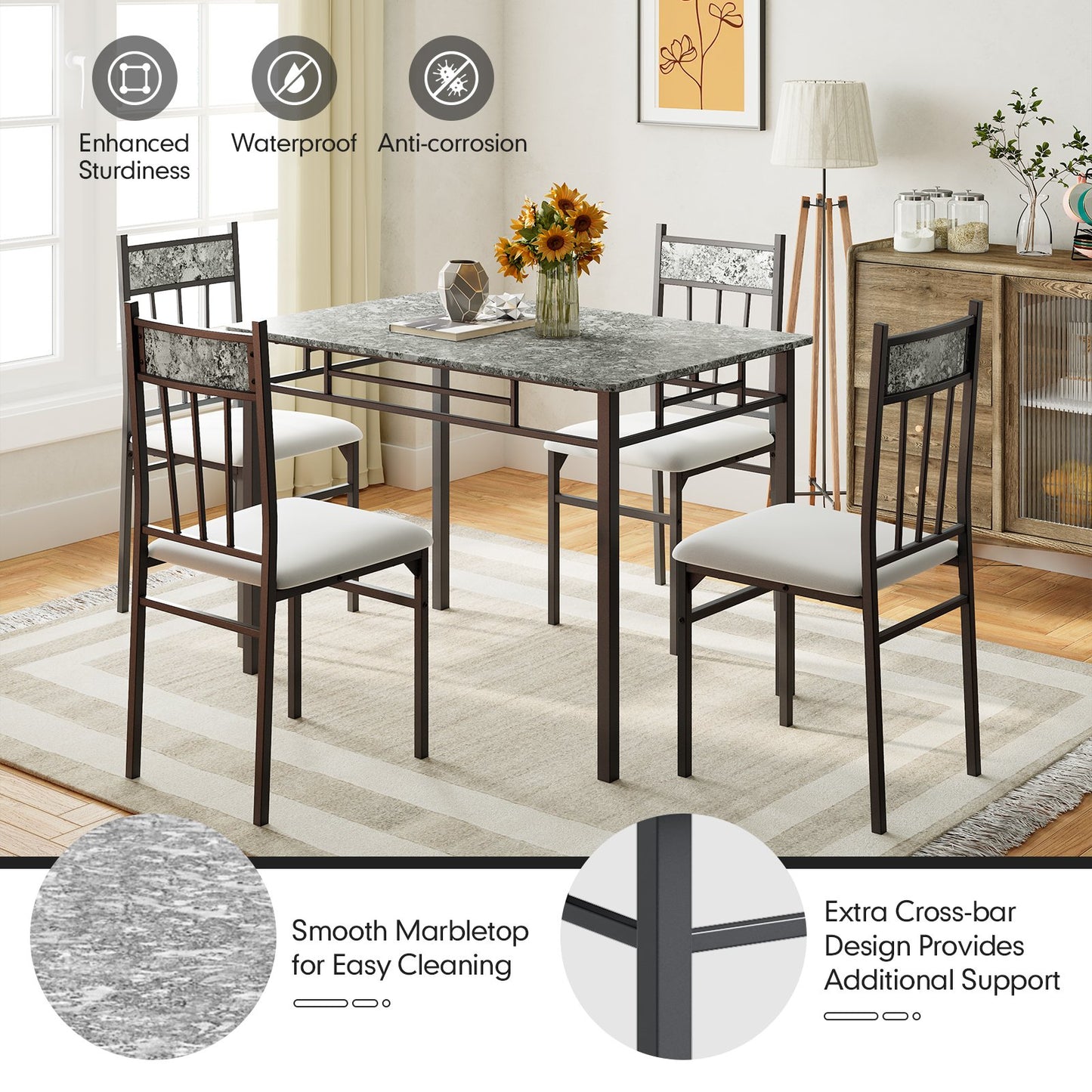 5 Pieces Faux Marble Dining Set Table with Solid Steel Frame, Gray - Gallery Canada