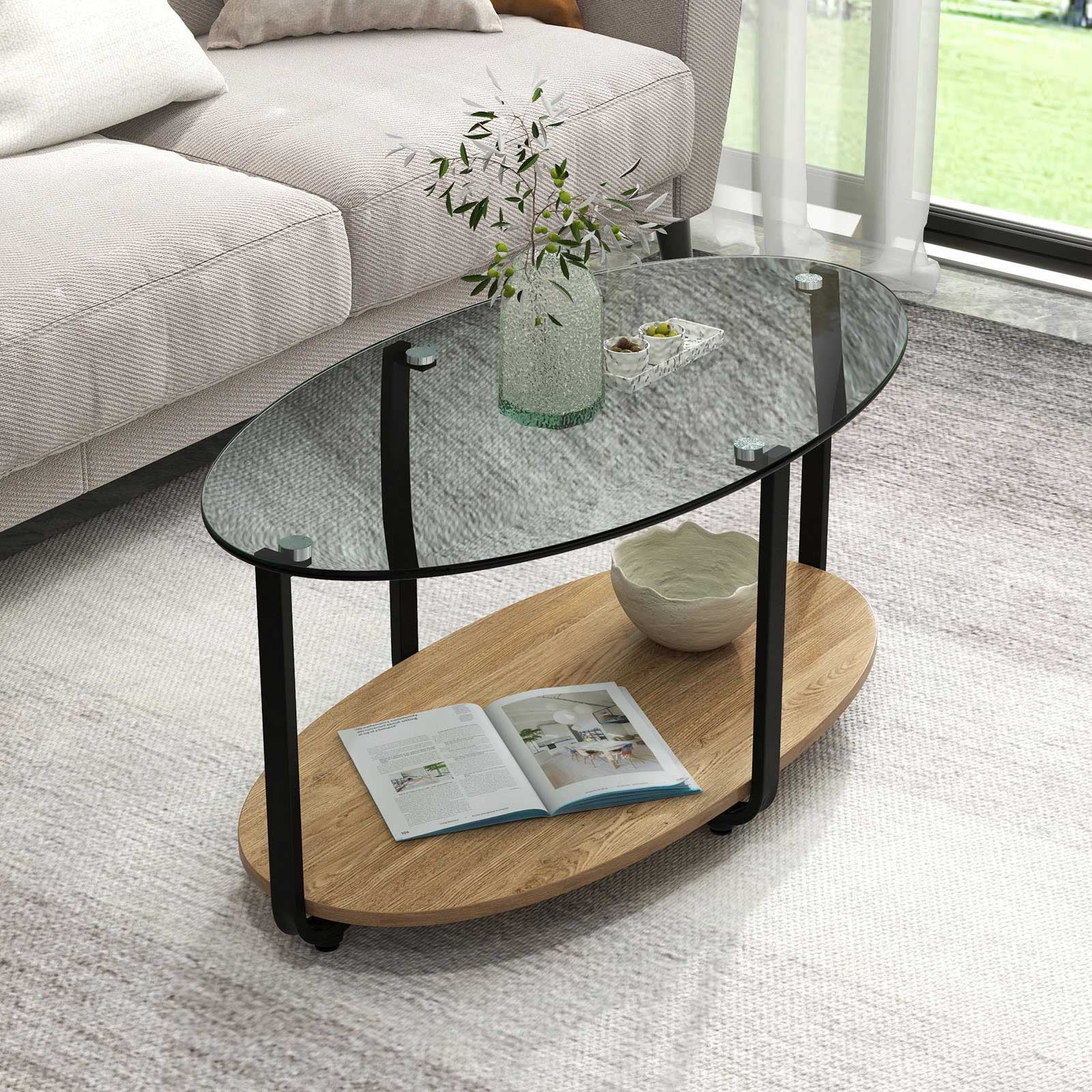 2-Tier Glass-Top Oval Coffee Table with Wooden Shelf for Living Room, Brown Coffee Tables at Gallery Canada
