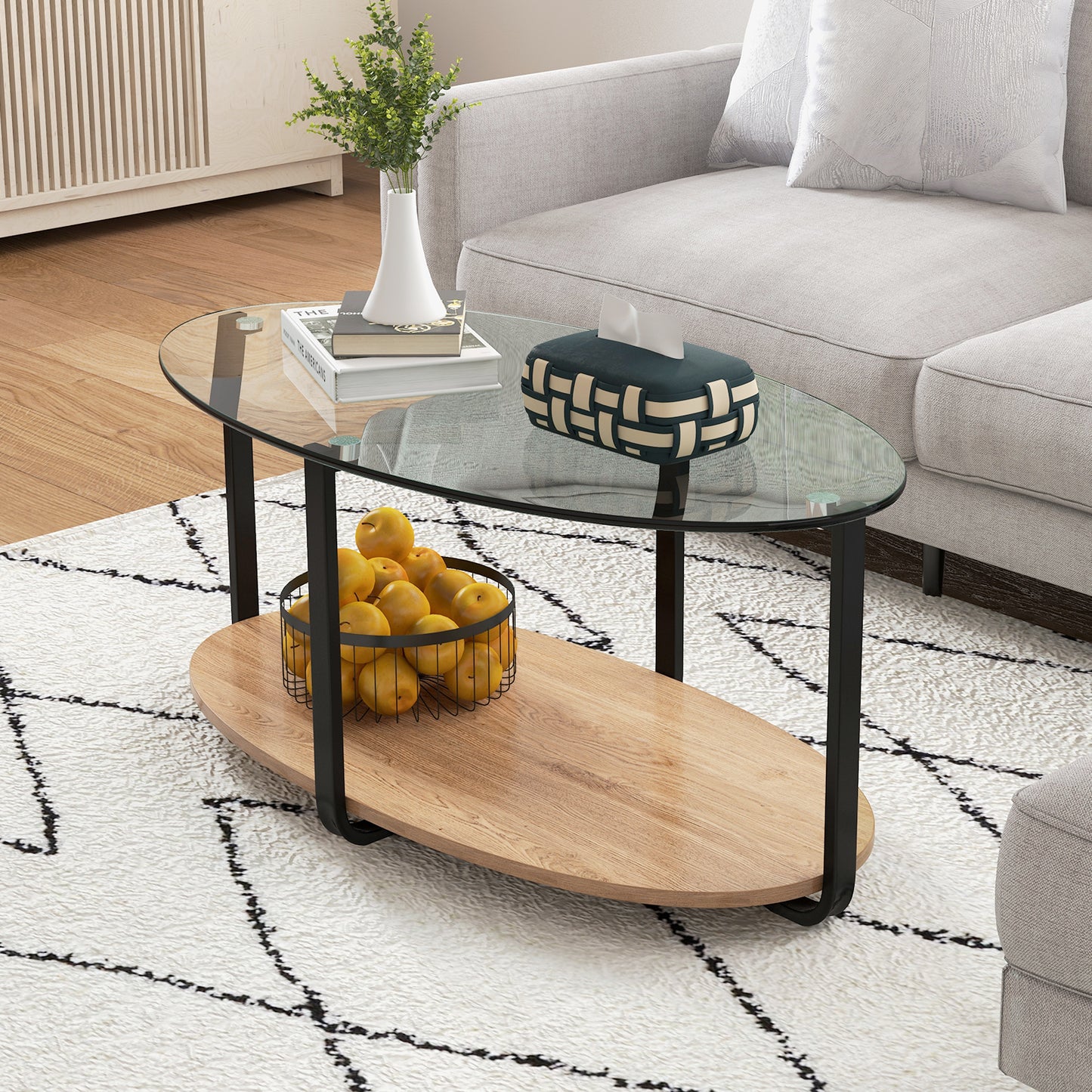2-Tier Glass-Top Oval Coffee Table with Wooden Shelf for Living Room, Brown Coffee Tables at Gallery Canada