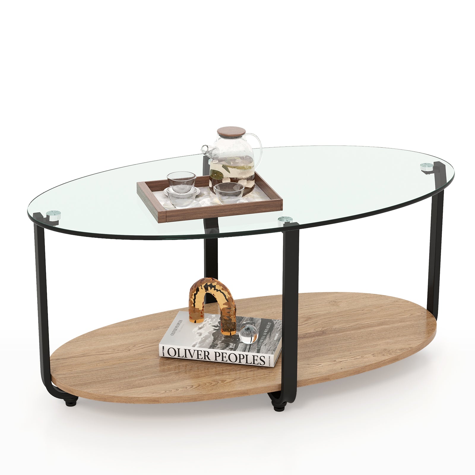 2-Tier Glass-Top Oval Coffee Table with Wooden Shelf for Living Room, Brown Coffee Tables at Gallery Canada