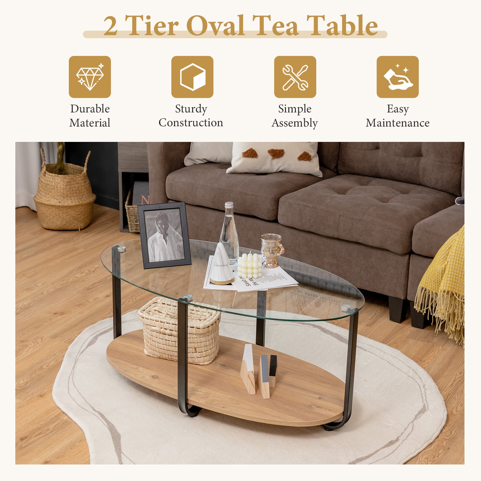 2-Tier Glass-Top Oval Coffee Table with Wooden Shelf for Living Room, Brown Coffee Tables at Gallery Canada