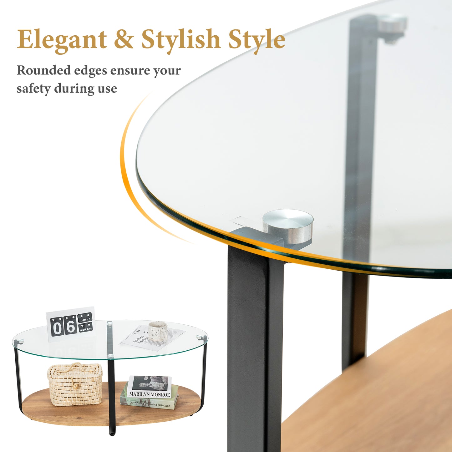 2-Tier Glass-Top Oval Coffee Table with Wooden Shelf for Living Room, Brown Coffee Tables at Gallery Canada