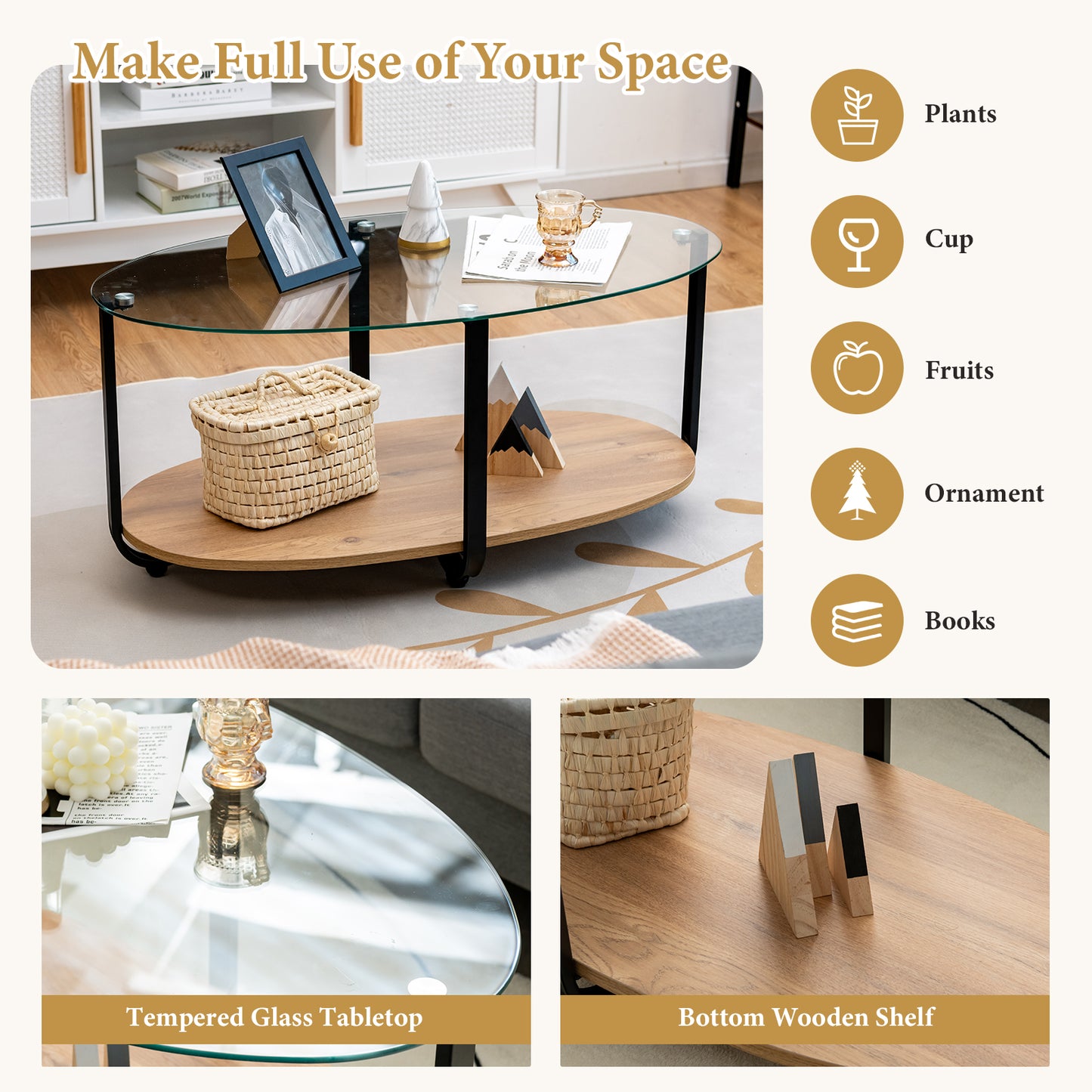 2-Tier Glass-Top Oval Coffee Table with Wooden Shelf for Living Room, Brown Coffee Tables at Gallery Canada