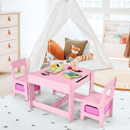 Kids Table Chairs Set With Storage Boxes Blackboard Whiteboard Drawing, Pink