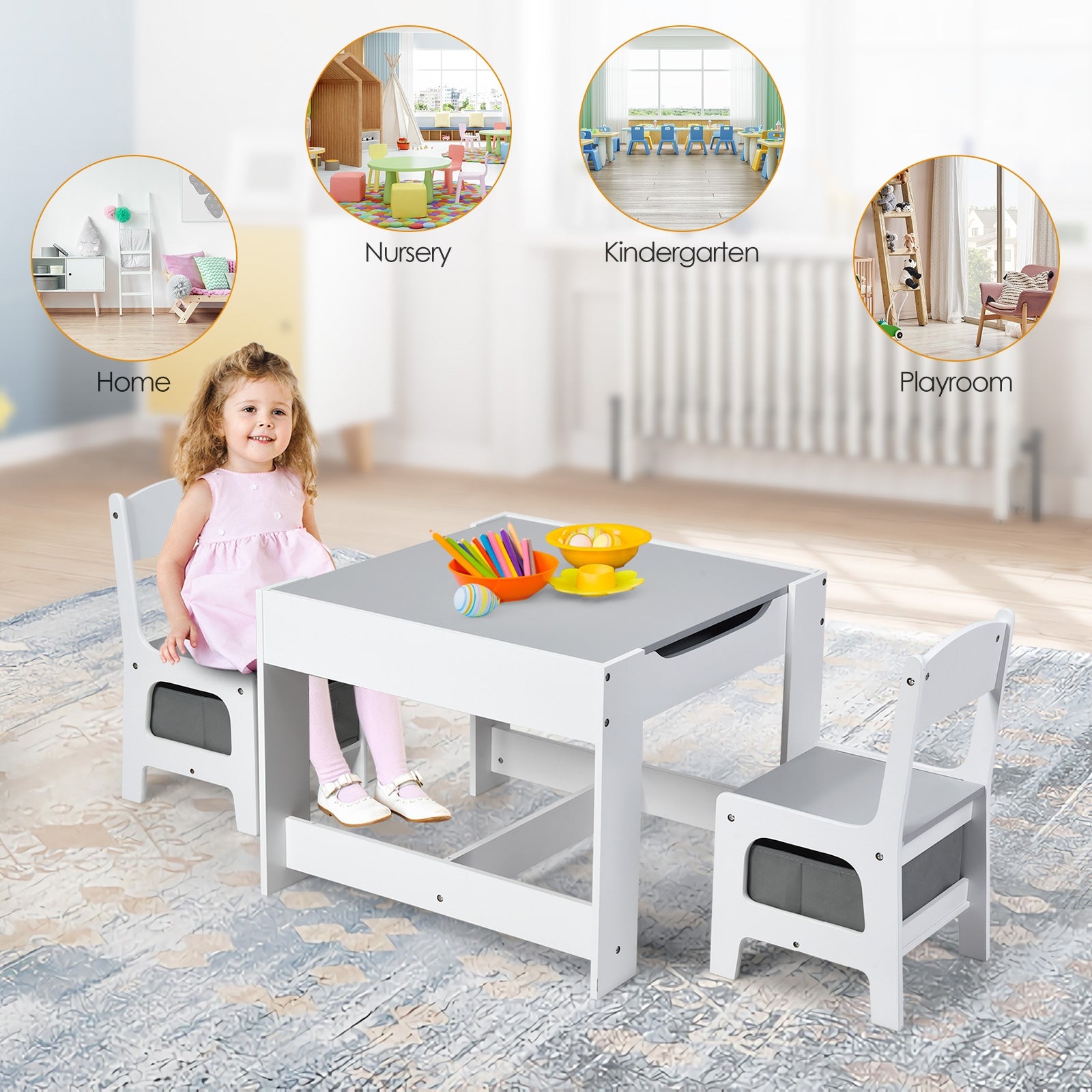 Kids Table Chairs Set With Storage Boxes Blackboard Whiteboard Drawing, White Kids Table & Chair Sets at Gallery Canada