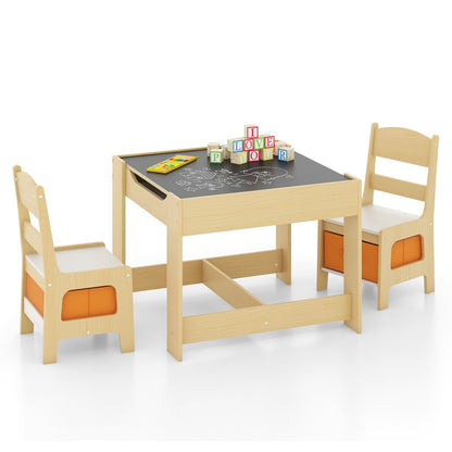 Kids Table Chairs Set With Storage Boxes Blackboard Whiteboard Drawing, Natural - Gallery Canada