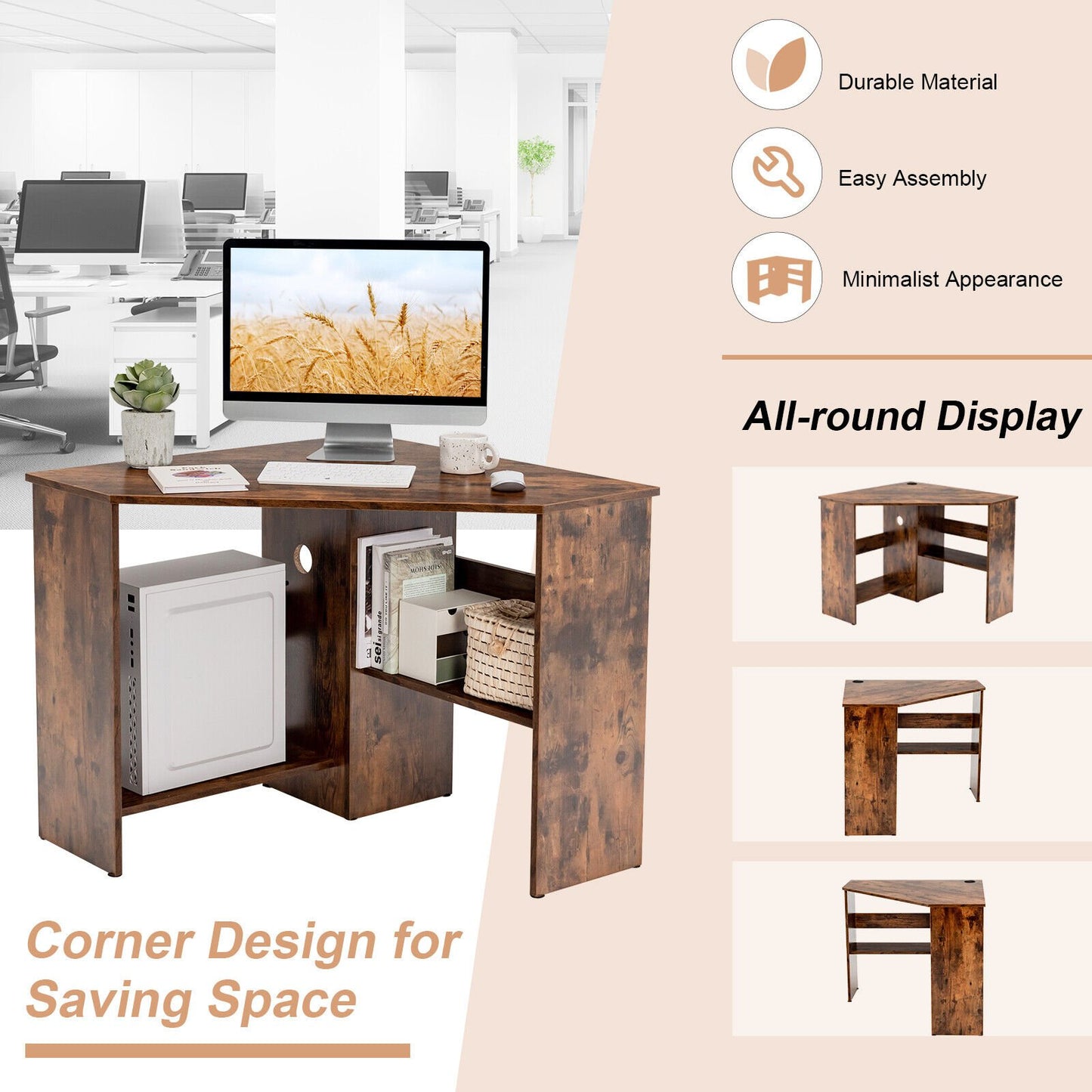 Corner Computer Desk Triangle Writing Workstation with Storage Shelf, Rustic Brown - Gallery Canada