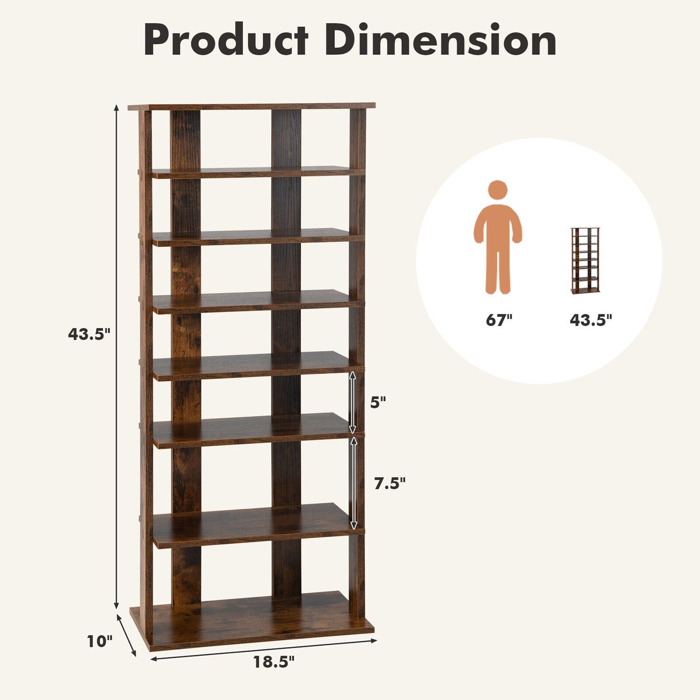 7 Tiers Vertical Shoe Rack for Front Door, Rustic Brown Shoe Racks & Storage Benches at Gallery Canada