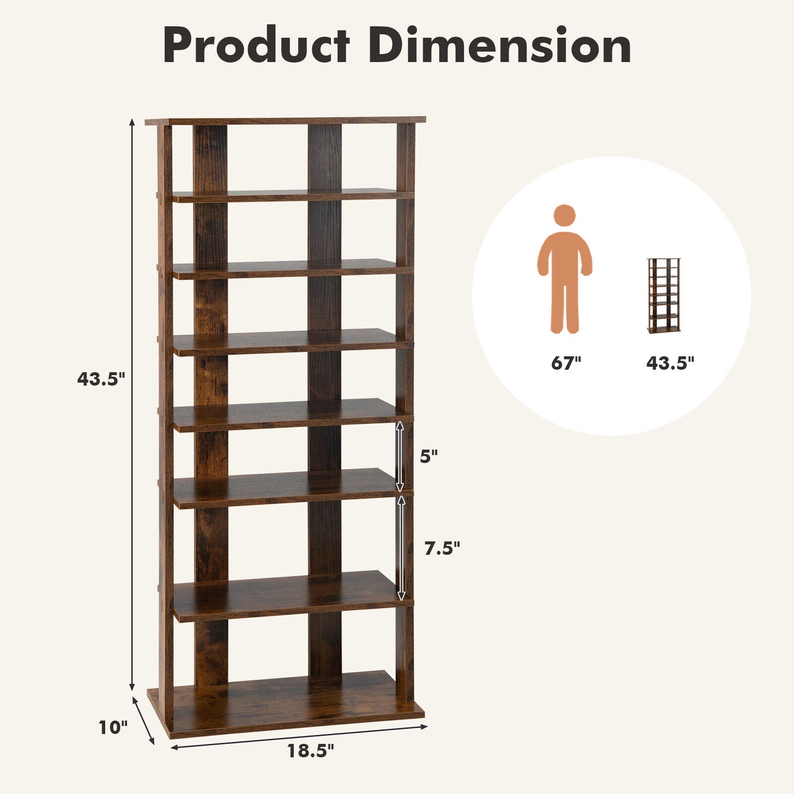 7 Tiers Vertical Shoe Rack for Front Door, Rustic Brown Shoe Racks & Storage Benches at Gallery Canada