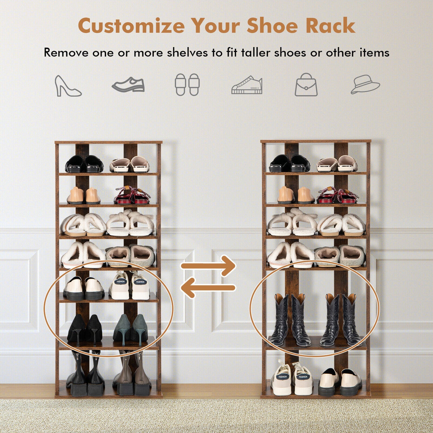7 Tiers Vertical Shoe Rack for Front Door, Rustic Brown Shoe Racks & Storage Benches at Gallery Canada