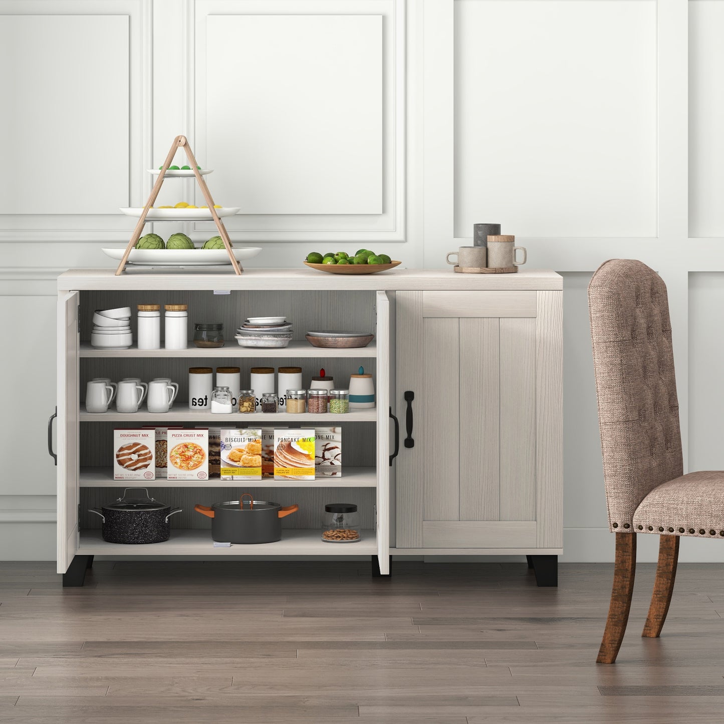 3-Door Buffet Sideboard, Adjustable Shelves, Anti-Tipping Kits, White Wash, White Sideboards Cabinets & Buffets at Gallery Canada