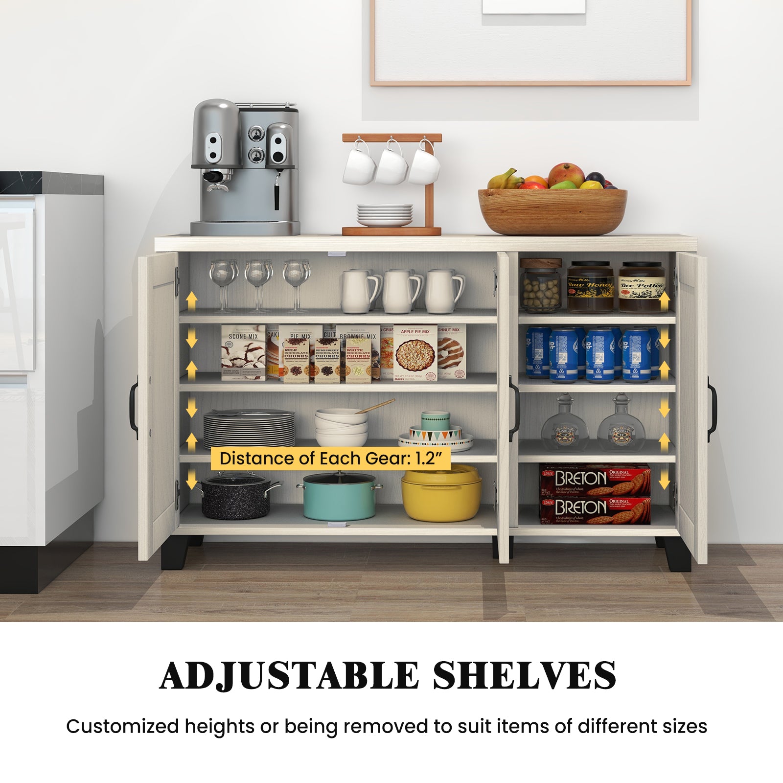 3-Door Buffet Sideboard, Adjustable Shelves, Anti-Tipping Kits, White Wash, White Sideboards Cabinets & Buffets at Gallery Canada
